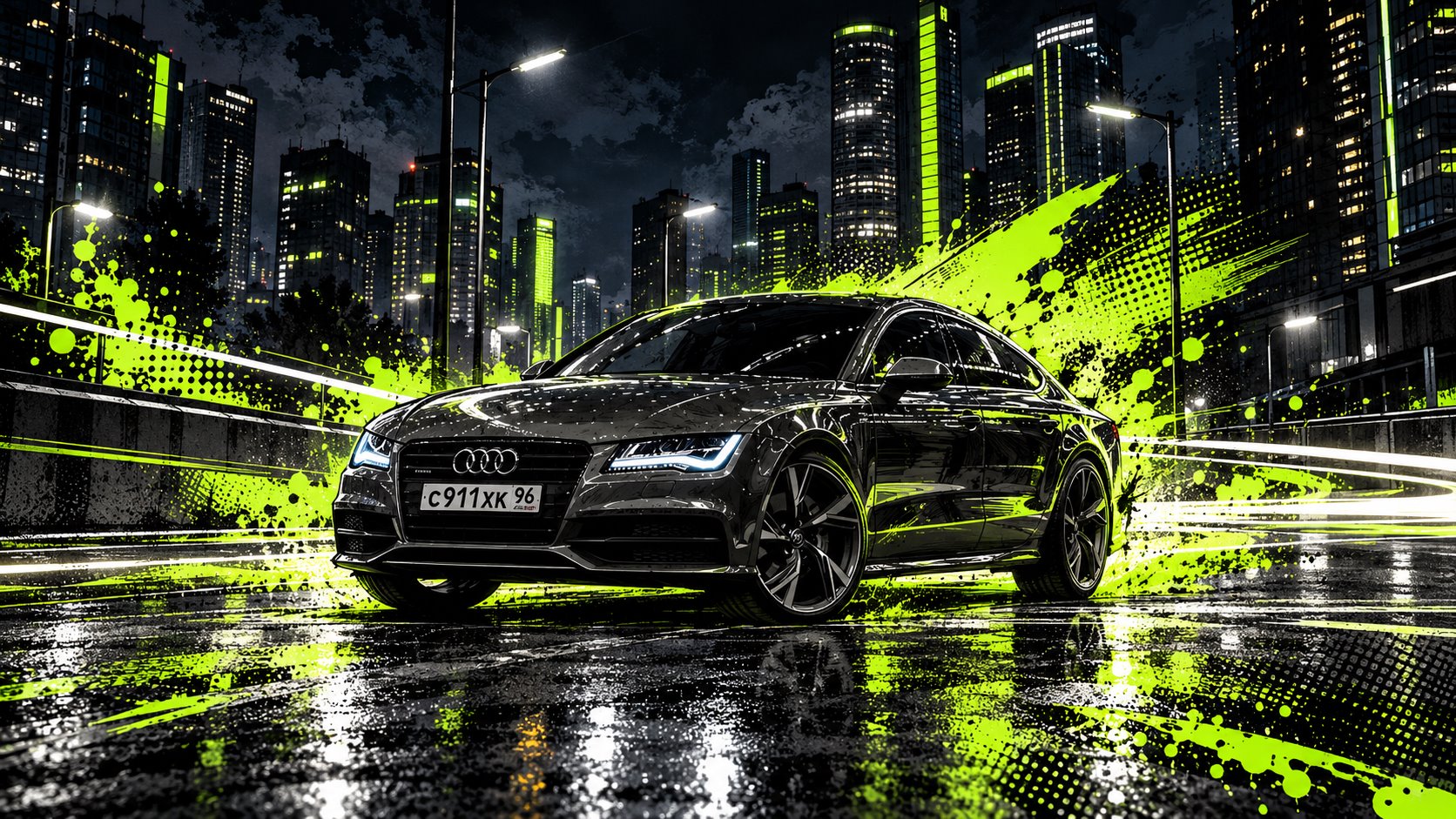 Audi A7 Silent Charger, передний ракурс, ночной город и зелёные граффити